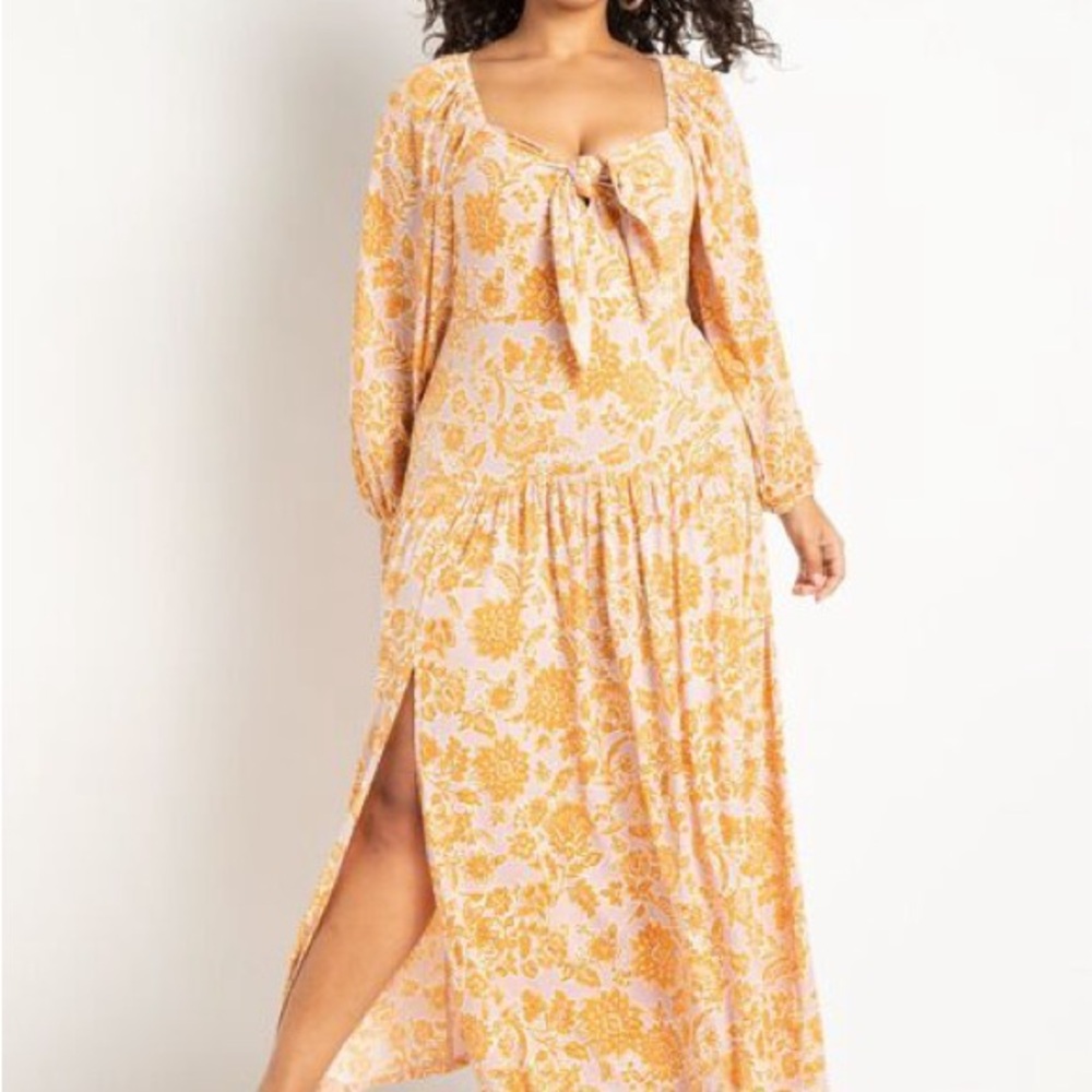 Eloquii Yellow Floral Long Sleeve Dress